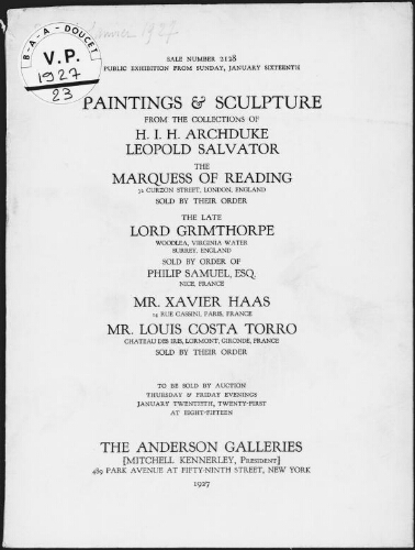 Paintings and sculpture from the collections of H. I. H. Archduke Leopold Salvator [...] : [vente des 20 et 21 janvier 1927]