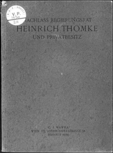 Nachlass Regierungsrat Heinrich Thomke und Privatbesitz [...] : [vente du 29 mars 1920]
