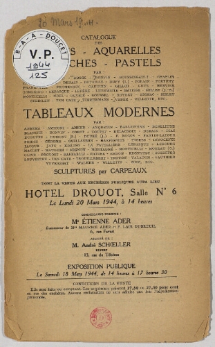 Catalogue des dessins, aquarelles, gouaches, pastels [...] tableaux [...] sculptures par Carpeaux [...] : [vente du 20 mars 1944]