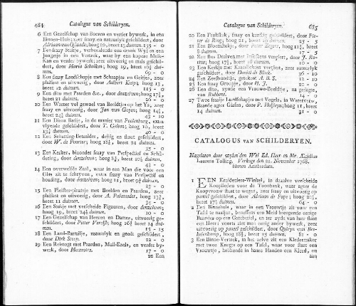 Catalogus van Schilderyen nagelaten door wylen den Wel. Ed. Heer en Mr. AEgidius Laurens Tolling [...] : [vente du 21 novembre 1768]
