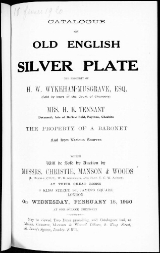 Catalogue of old english silver plate [...] : [vente du 18 février 1920]