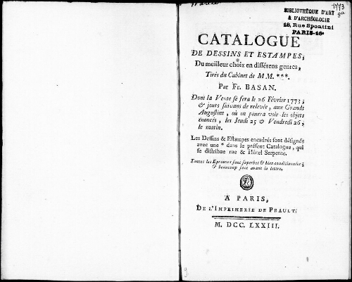 Catalogue de dessins et estampes, du meilleur choix en différents genres, tirés du cabinet de M. M.*** [...] : [vente du 26 février 1773]