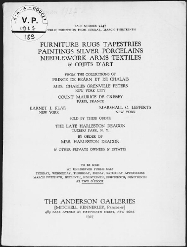 Furniture, rugs, tapestries [...] from the collections of Prince de Béarn et de Chalais [...] : [vente du 15 au 19 mars 1927]