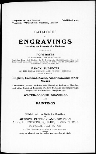 Catalogue of engravings […] : [vente du 9 juillet 1915]