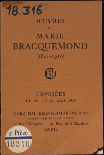 Oeuvres de Marie Bracquemond (1841-1916) : exposées du 19 au 31 mai 1919, chez Bernheim Jeune