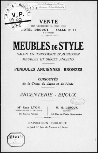 Meubles de style [...] Pendules anciennes - [...] Argenterie - Bijoux [...] ; [vente du 18 juin 1920]