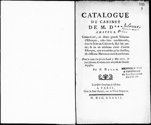 Catalogue du cabinet de M. D***, amateur, consistant, en divers grands volumes d'estampes [...] : [vente du 5 mai 1777]