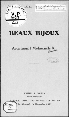 Beaux bijoux appartenant à Mademoiselle X. : [vente du 14 novembre 1923]
