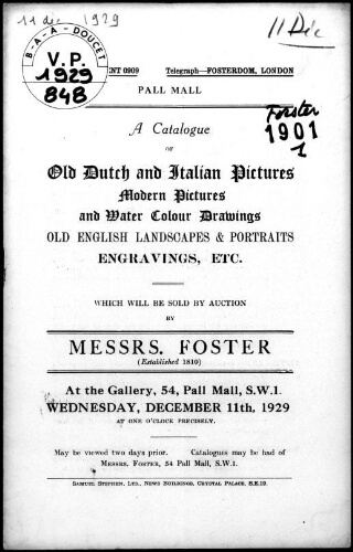 Catalogue of old Dutch and Italian pictures, modern pictures and water colour drawings [...] : [vente du 11 décembre 1929]