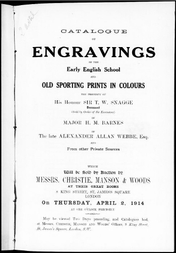 Catalogue of engravings of the early English school [...] : [vente du 2 avril 1914]