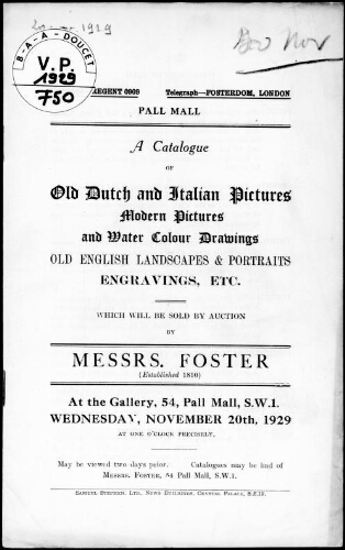 Catalogue of old Dutch and Italian pictures, modern pictures and water colour drawings [...] : [vente du 20 novembre 1929]