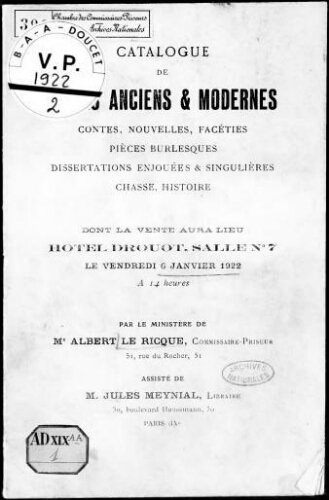Catalogue de livres anciens et modernes, contes, nouvelles, facéties, pièces burlesques [...] : [vente du 6 janvier 1921]