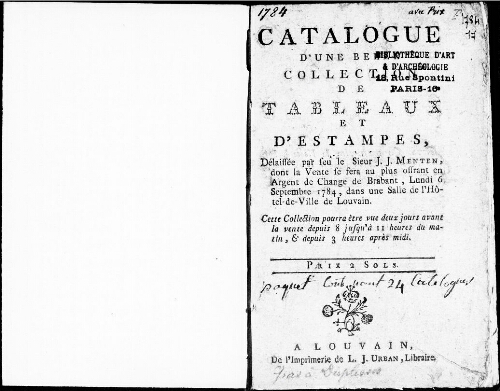 Catalogue d’une belle collection de tableaux et d’estampes [...] : [vente du 6 septembre 1784]