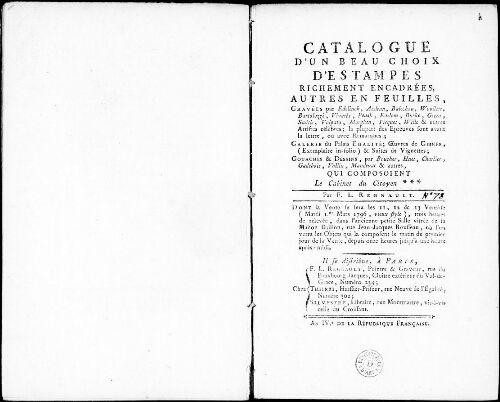 Catalogue d'un beau choix d’estampes richement encadrées, autres en feuilles [...] : [vente du 1er au 3 mars 1796]