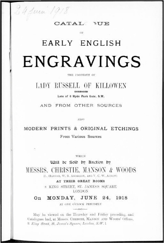 Catalogue of early English engravings […] : [vente du 24 juin 1918]
