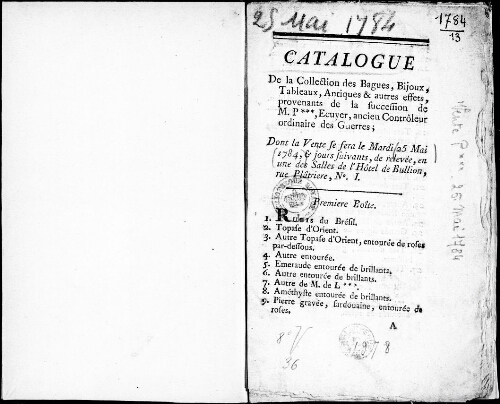 Catalogue de la collection des bagues, bijoux, tableaux, antiques et autres effets [...] : [vente du 25 mai 1784]