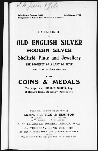 Catalogue of old English silver, modern silver, Sheffield plate and jewellery the property of a lady of title [...] : [vente du 24 juin 1920]