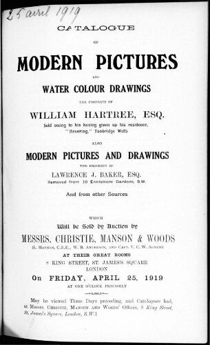 Catalogue of modern pictures and water colour drawings [...] : [vente du 25 avril 1919]