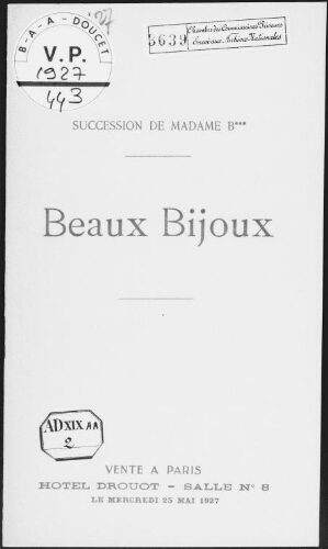 Succession de Madame B***. Beaux bijoux : [vente du 25 mai 1927]