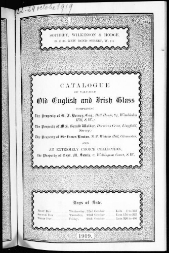 Catalogue of valuable old English and Irish glass […] : [vente du 22 octobre 1919]