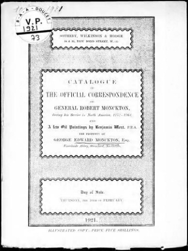 Catalogue of the Official Correspondence of General Robert Monckton [...] : [vente du 10 février 1921]