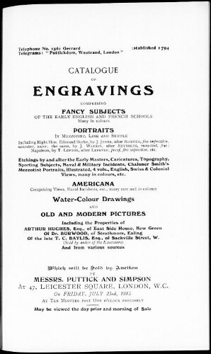 Catalogue of engravings comprising fancy subjects of the early English and French schools […] : [vente du 23 juillet 1915]