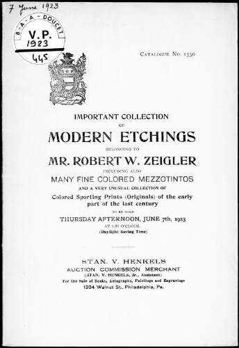Important collection of modern etchings belonging to Mr. Robert W. Zeigler [...] : [vente du 7 juin 1923]