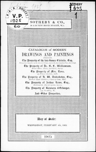 Catalogue of modern drawings and paintings, including the property of the late James Christie, Esq. [...] : [vente du 4 février 1925]