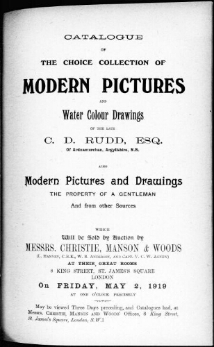 Catalogue of the choice collection of paintings and water colour drawings [...] : [vente du 2 mai 1919]