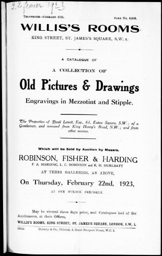 Catalogue of a collection of old pictures and drawings, engravings in mezzotint and stipple [...] : [vente du 22 février 1923]