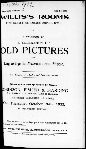 Catalogue of a collection of old pictures and engravings in mezzotint and stipple [...] : [vente du 26 octobre 1922]