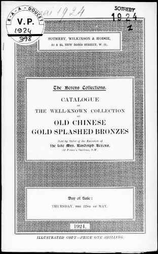 Berens collections. Catalogue of the well-known collection of old Chinese gold splashed bronzes [...] : [vente du 22 mai 1924]