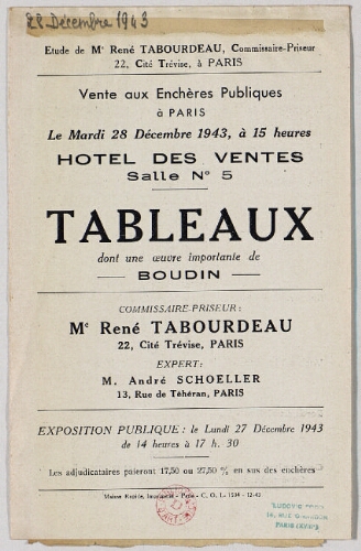 Tableaux dont une œuvre importante de Boudin : [vente du 28 décembre 1943]