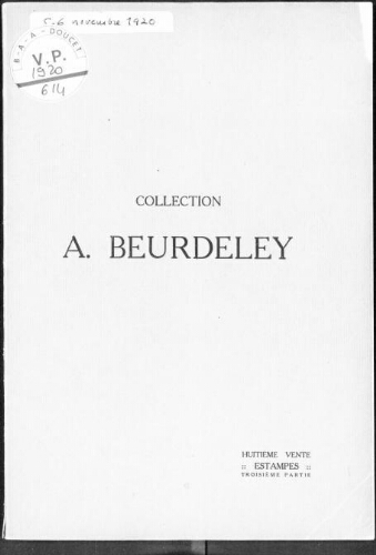 Collection A. Beurdeley (huitième vente). Estampes modernes, troisième partie [...] : [vente des 5 et 6 novembre 1920]