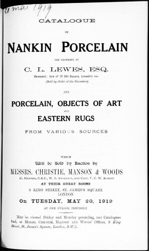 Catalogue of Nankin porcelain [...] : [vente du 20 mai 1919]