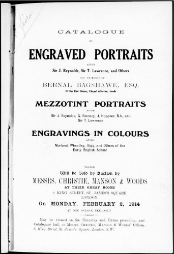 Catalogue of engraved portraits after Sir J. Reynolds, Sir T. Lawrence, and others [...] : [vente du 2 février 1914]