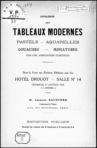 Catalogue des tableaux modernes, pastels, aquarelles, gouaches, miniatures, par une association d'artistes [...] : [vente du 25 janvier 1924]