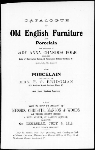 Catalogue of old English furniture and porcelain […] : [vente du 2 juillet 1914]