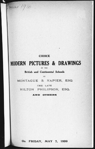 Catalogue of choice modern pictures of the British and continental schools [...] : [vente du 7 mai 1920]
