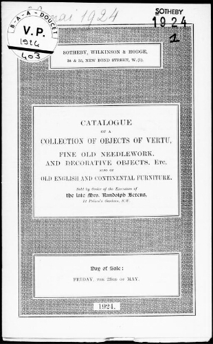 Catalogue of a collection of objects of vertu, fine old needlework, and decorative objects, etc. [...] : [vente du 23 mai 1924]