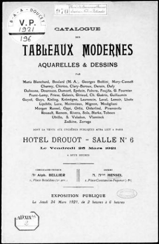 Catalogue des tableaux modernes, aquarelles et dessins [...] : [vente du 25 mars 1921]