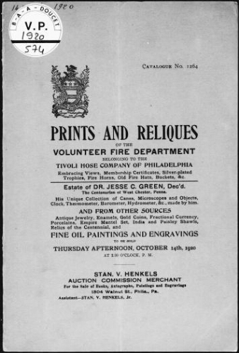 Prints and reliques of the Volunteer Fire Department belonging to the Tivoli Hose Company of Philadelphia [...] : [vente du 14 octobre 1920]