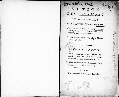 Notice des estampes et gravures provenant du cabinet de M.*** [...] : [vente du 27 octobre 1792]