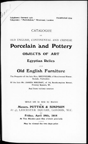 Catalogue of old English, continental and Chinese porcelain and pottery [...] : [vente du 24 avril 1914]