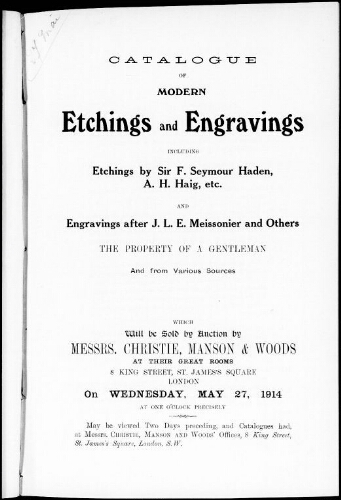Catalogue of modern etchings and engravings […] : [vente du 27 mai 1914]