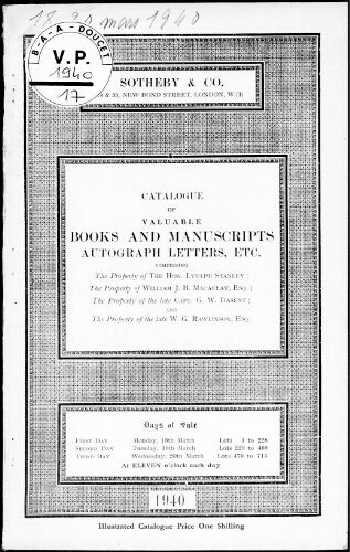 Catalogue of valuable Books and Manuscripts, Autograph Letters etc. [...] : [vente des 18, 19 et 20 mars 1940]