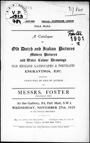 Catalogue of old Dutch and Italian pictures, modern pictures and water colour drawings […] : [vente du 27 novembre 1929]