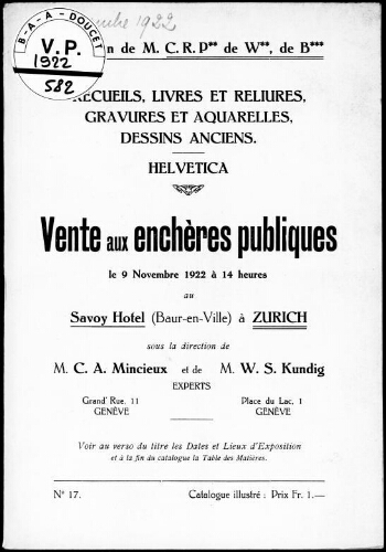 Collection de M. C. R. P. de W., de B. Recueils, livres et reliures, gravures et aquarelles, dessins anciens [...] : [vente du 9 novembre 1922]