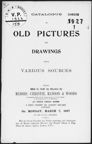 Catalogue of old pictures and drawings from various sources [...] : [vente du 7 mars 1927]