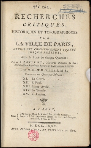 Recherches critiques, historiques et topographiques sur la ville de Paris. Tome 3